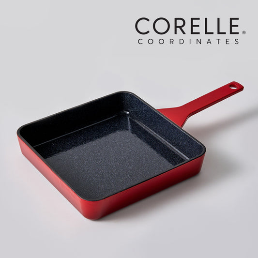 CORELLE Ashley Cast Iron Nonstick Square Frying Pan (22cm) Red