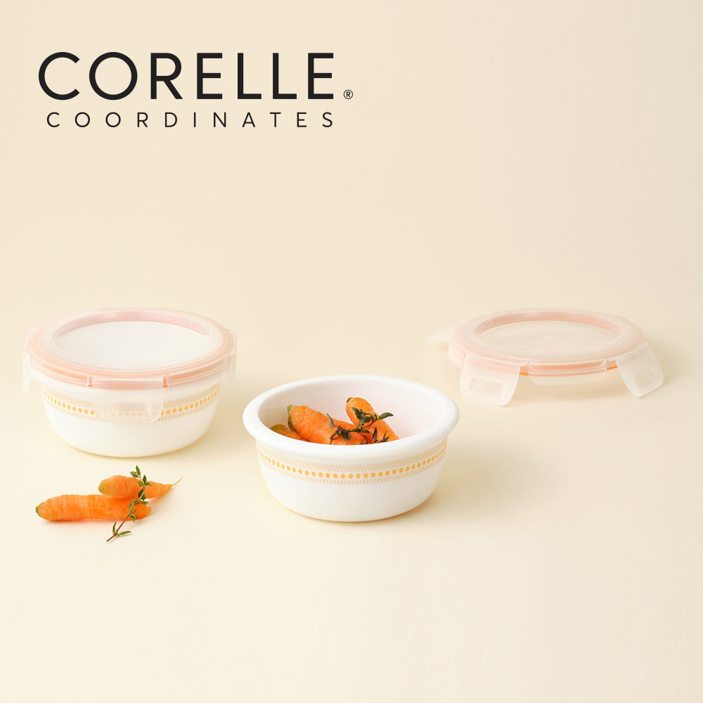Corelle Jacquard Band Round Sealed Food Storage Container 2p (325ml) Dishwasher Oven Safe Yellow