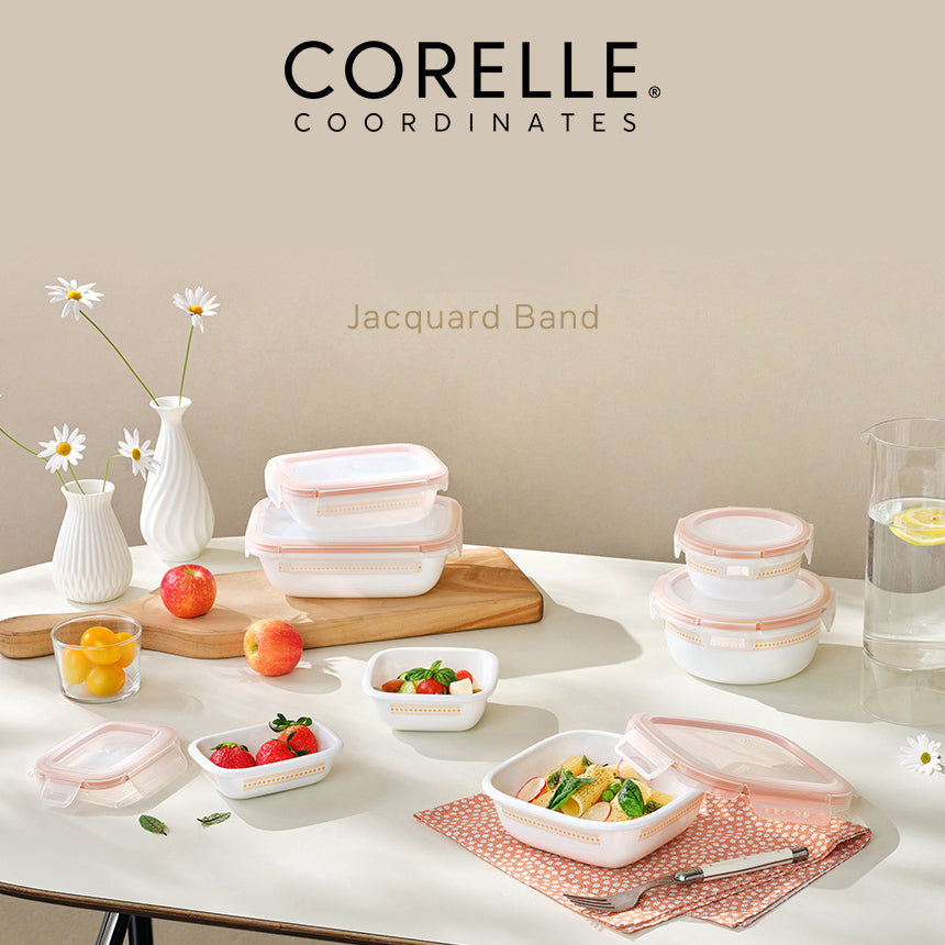 Corelle Jacquard Band Round Sealed Food Storage Container 5p Dishwasher Oven Safe Yellow