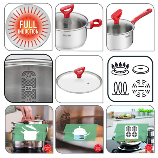 Tefal Edition Red Stainless Steel Induction Saucepan (16cm, 1.5L) Dishwasher Oven Safe No PFOA Silver