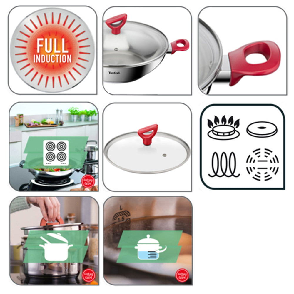 Tefal Edition Red Stainless Steel Induction Nonstick Wok Pan (30cm) Dishwasher Oven Safe No PFOA Silver