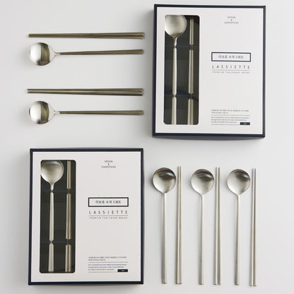 EBRO PREMIUM Stainless Steel (Spoon & Chopstick ) Set 10p Hand-Made Easy Grip Tableware Silver