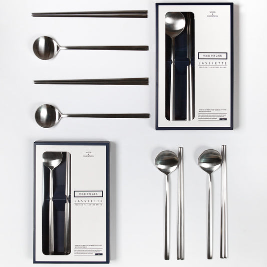 EBRO PREMIUM Stainless Steel (Spoon & Chopstick ) Set 4p Hand-Made Easy Grip Tableware Silver