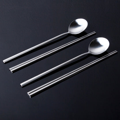 EBRO PREMIUM Stainless Steel (Spoon & Chopstick ) Set 4p Hand-Made Easy Grip Tableware Silver