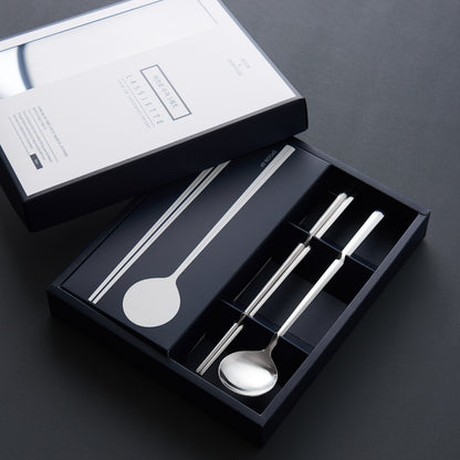 EBRO PREMIUM Stainless Steel (Spoon & Chopstick ) Set 10p Hand-Made Easy Grip Tableware Silver