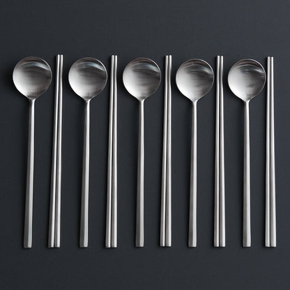 EBRO PREMIUM Stainless Steel (Spoon & Chopstick ) Set 10p Hand-Made Easy Grip Tableware Silver