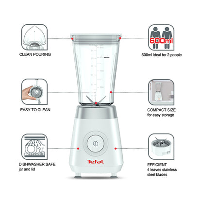 Tefal BL1K01 Refresh Compact Mini Blender Plastic (800ml) Jar 4 Blades 350W White