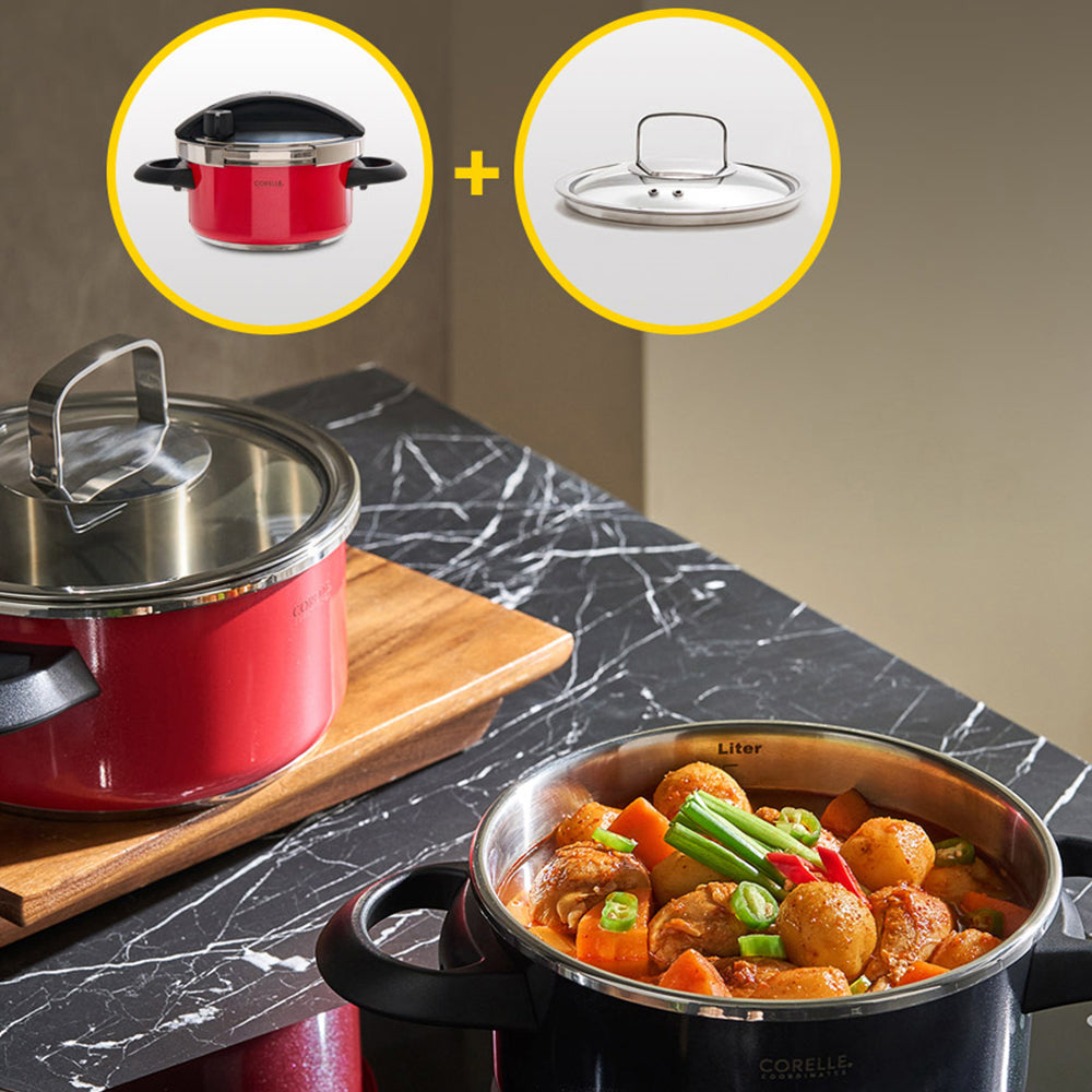 Corelle Coordinates Stainless Steel Pressure Cooker (3.0L) 6 Security + Glass Lid Red - Adamhnk