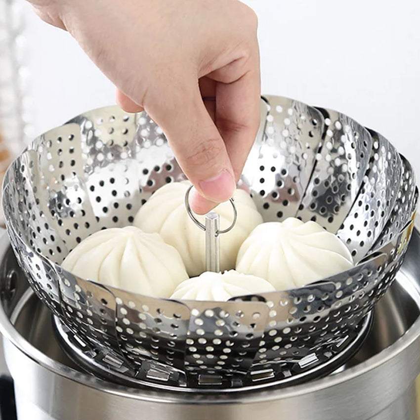Stainless Steel Vegetable Folding Steamer Basket with Hook for Easy Picking (23cm) Silver - Adamhnk