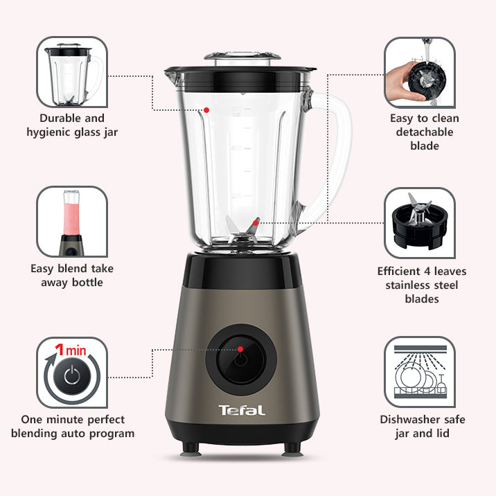 Tefal BL1K6E Refresh Compact Mini Blender Glass (800ml) Jar 4 Blades 350W Charcoal