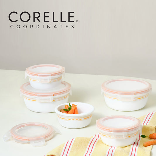 Corelle Jacquard Band Round Sealed Food Storage Container 5p Dishwasher Oven Safe Yellow