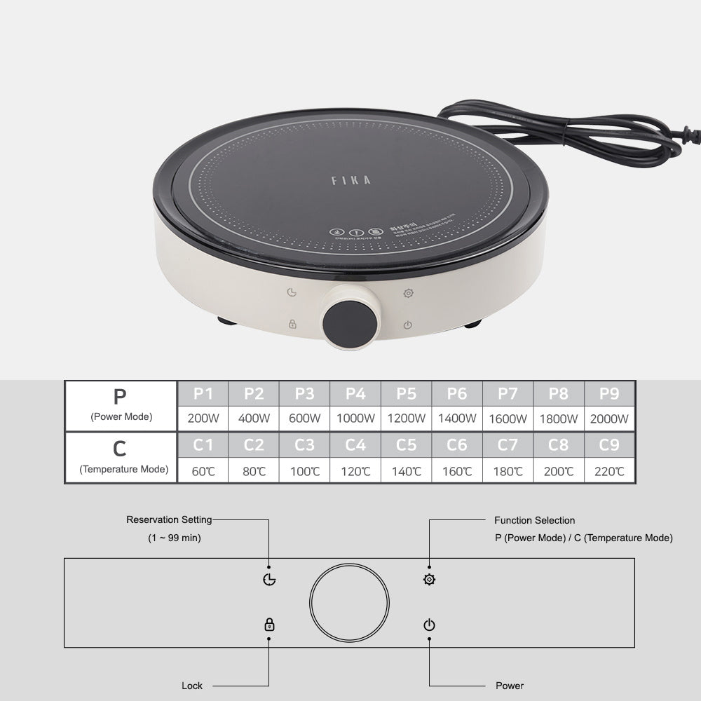 FIKA Round IH Induction Electric Hob (Range) One Touch Panel & Dial 2000W Black & White