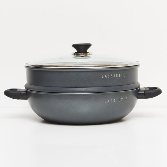 KANN 5-Layer Induction Wok Pan & Steamer (28cm) with Glass Lid Dishwasher Safe No PFOA Black - 라씨에뜨 칸 28cm 찜기+양수웍 - adamhnk