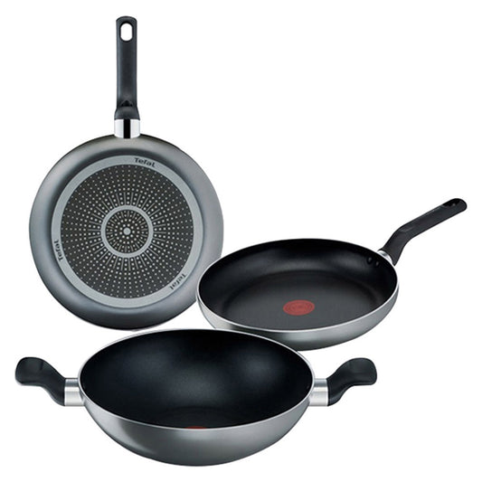 Tefal Matt Grey Frying Pan & Wok 3p (24+28+28cm) Dishwasher Oven Safe