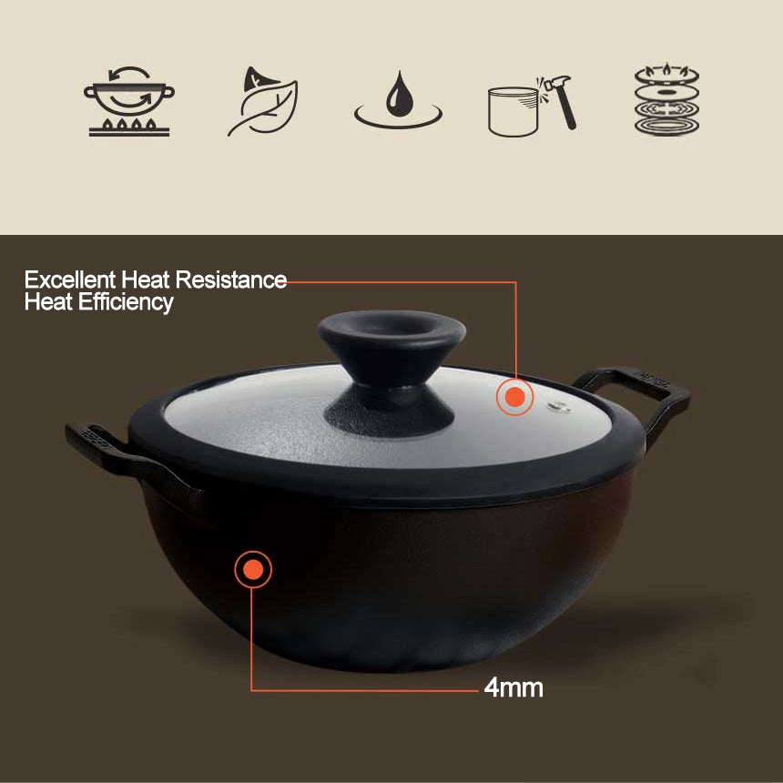 Meyer Pre-Seasoned Cast Iron Nonstick Wok Pot (20cm) + Lid Toxin-Free Black - Adamhnk