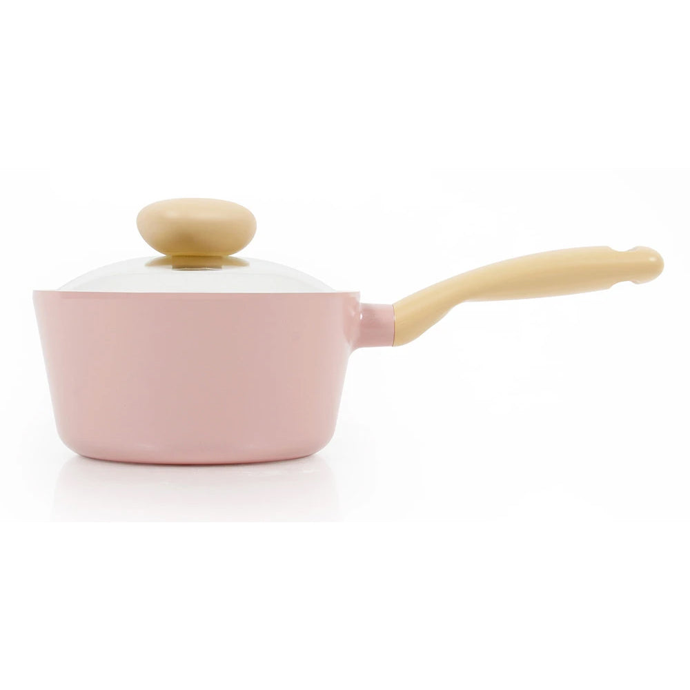 RETRO Cast Aluminum Saucepan (18cm) with Glass Lid Dishwasher Safe No PFOA Pink