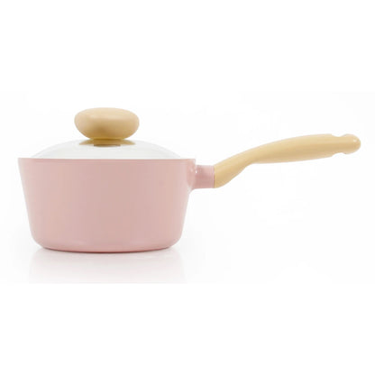 RETRO Cast Aluminum Saucepan (18cm) with Glass Lid Dishwasher Safe No PFOA Pink