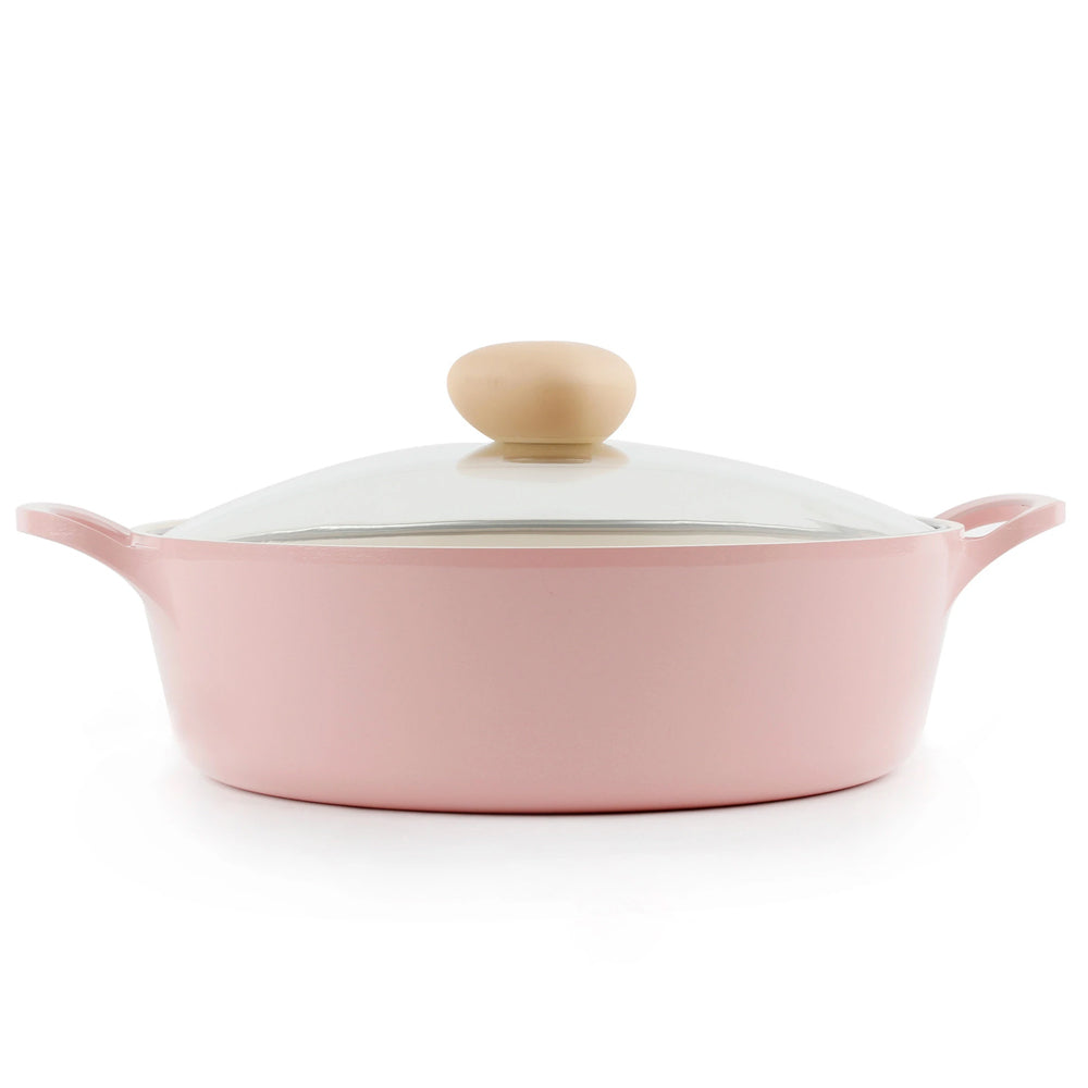 RETRO Cast Aluminum Saute Pan (22cm) with Glass Lid Dishwasher Safe No PFOA Pink