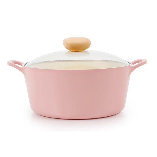 RETRO Cast Aluminum Stew Pot (22cm) with Glass Lid Dishwasher Safe No PFOA Pink